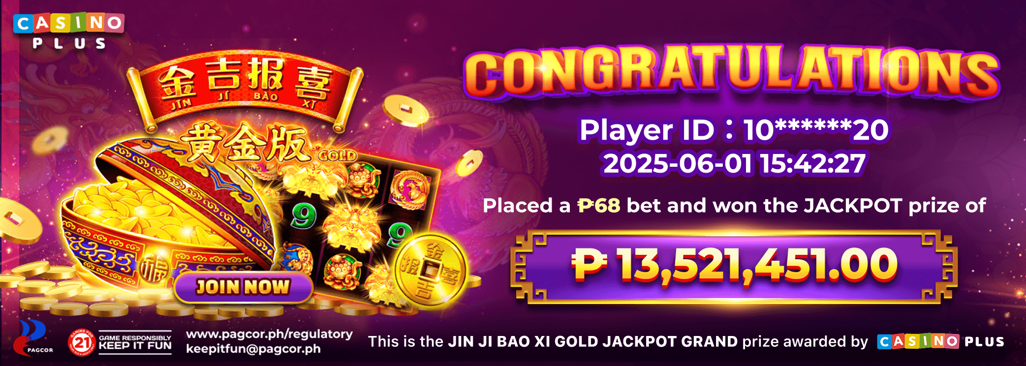 Congratulations Player Hit Jin Ji Bao XI Gold Jackpot Major!