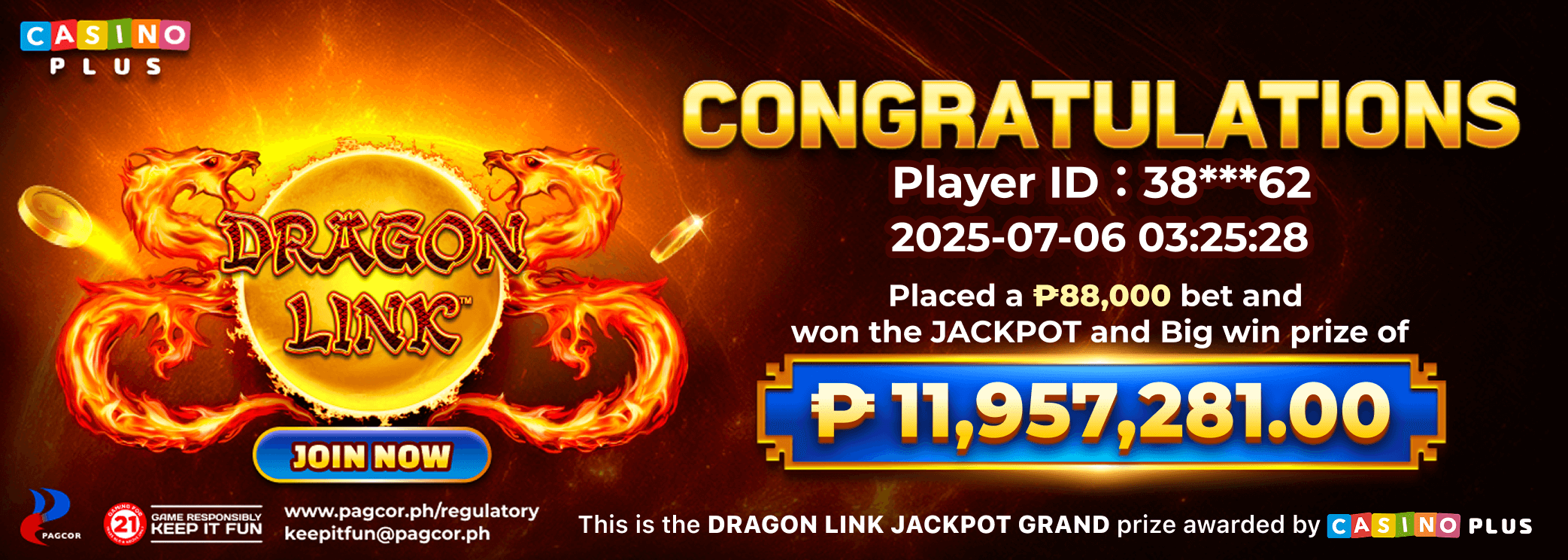 Congratulations Player Hit dragonlink Jackpot & Big win