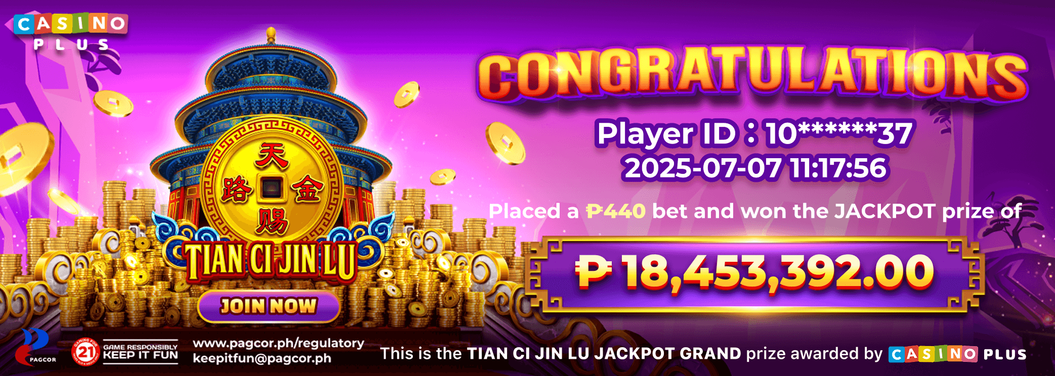 Congratulations Player Hit Tian Ci Jin Lu Jackpot Grand